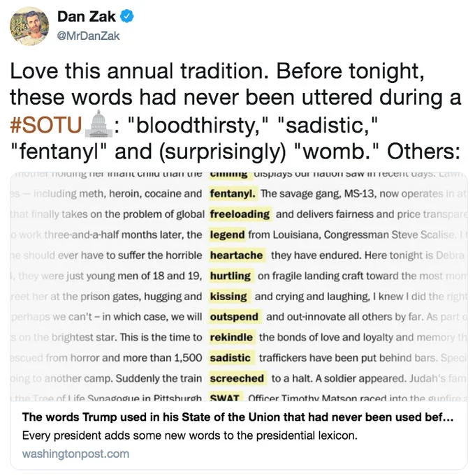 Dan Zak tweet listing new words used in the 2019 State of the Union