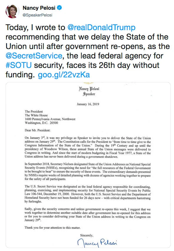 2019 State Of The Union — Nancy Pelosi tweet with letter to Trump requesting State of the Union delay