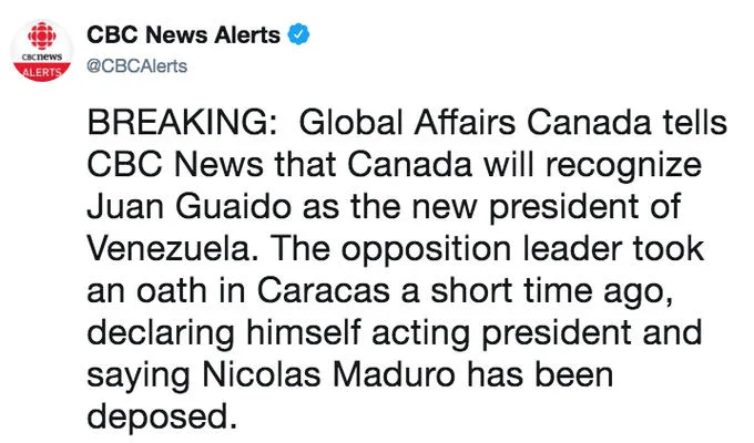 2019 Venezuelan Presidential Crisis — CBC News tweet about Canada recognizing Juan Guaido