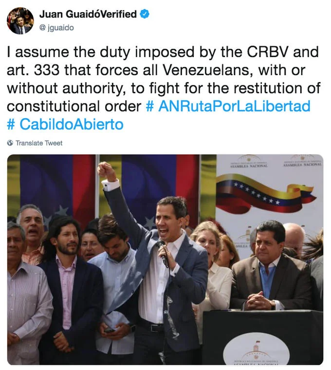 2019 Venezuelan Presidential Crisis — Juan Guaido tweet about constitutional duty with photo of him speaking