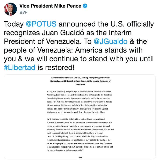 2019 Venezuelan Presidential Crisis — Mike Pence tweet announcing US recognition of Juan Guaido