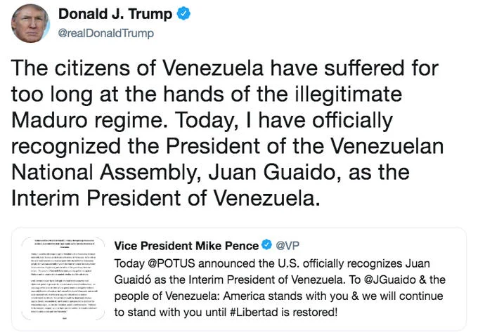2019 Venezuelan Presidential Crisis — Donald Trump tweet recognizing Juan Guaido as Interim President