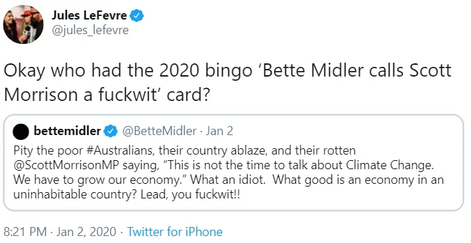 Twitter screenshot showing a user humorously referencing their 2020 bingo card after an unexpected event.