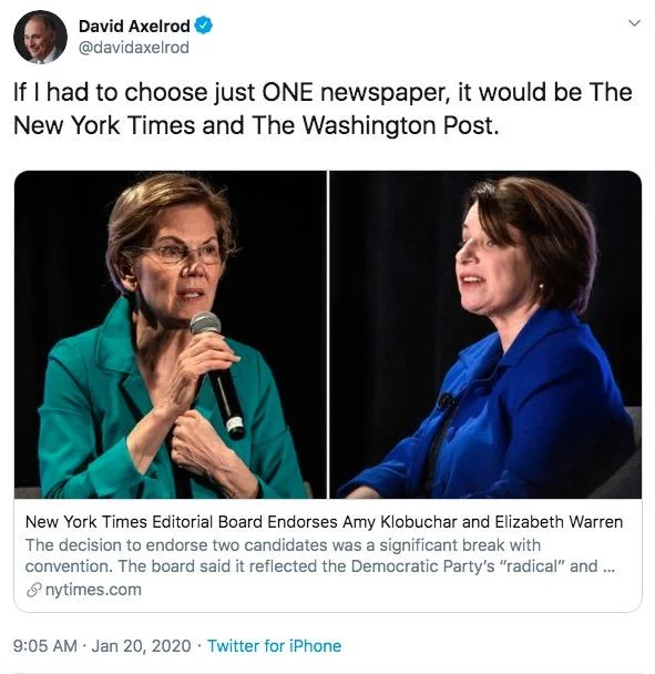 2020 Democratic Presidential Primary — David Axelrod tweet joking about NYT joint endorsement of Warren and Klobuchar