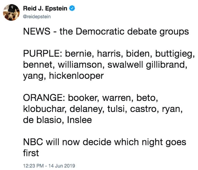 2020 Democratic Presidential Primary — Reid Epstein tweet listing purple and orange Democratic debate groups