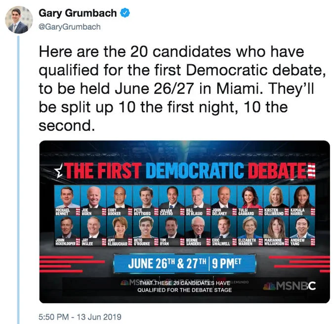 2020 Democratic Presidential Primary — Tweet sharing MSNBC graphic of 20 Democratic candidates qualified for first 2020 debate