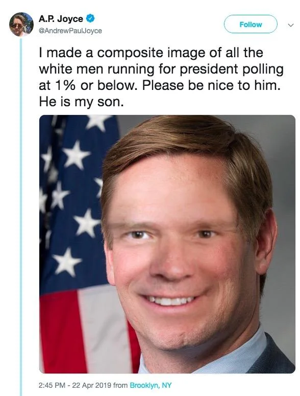 2020 Democratic Presidential Primary — Tweet showing a composite face of low-polling white male 2020 Democratic candidates