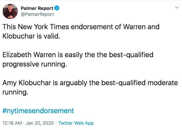 2020 Democratic Presidential Primary — Palmer Report tweet defending NYT dual endorsement of Warren and Klobuchar