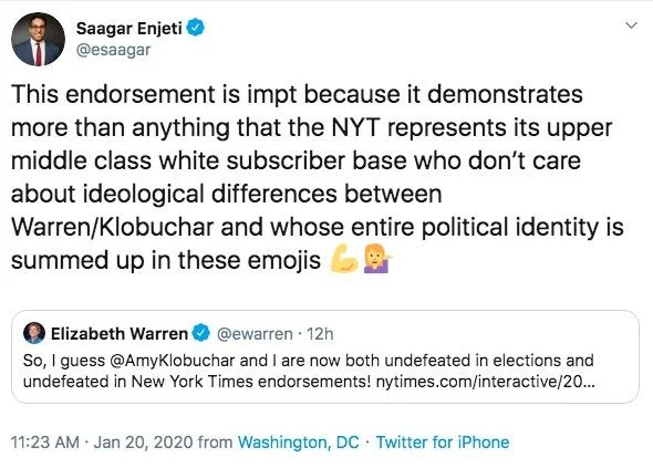 2020 Democratic Presidential Primary — Saagar Enjeti tweet criticizing NYT joint endorsement of Warren and Klobuchar