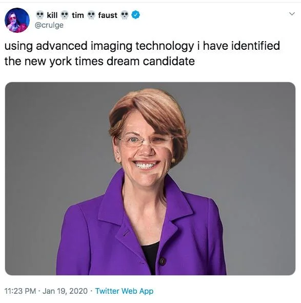 2020 Democratic Presidential Primary — Tweet showing a photoshopped merge of Elizabeth Warren and Amy Klobuchar as the NYT dream candidate
