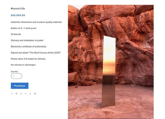 2020 Metal Monoliths — Online product listing for official monolith reproduction by The Most Famous Artists priced at $45,000.