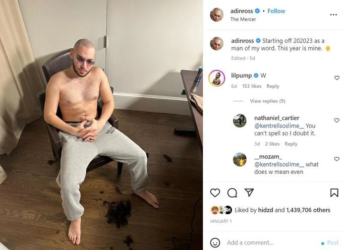 Instagram version of Adin Ross's post from January 1, 2023 with '202023' caption and Lil Pump comments.