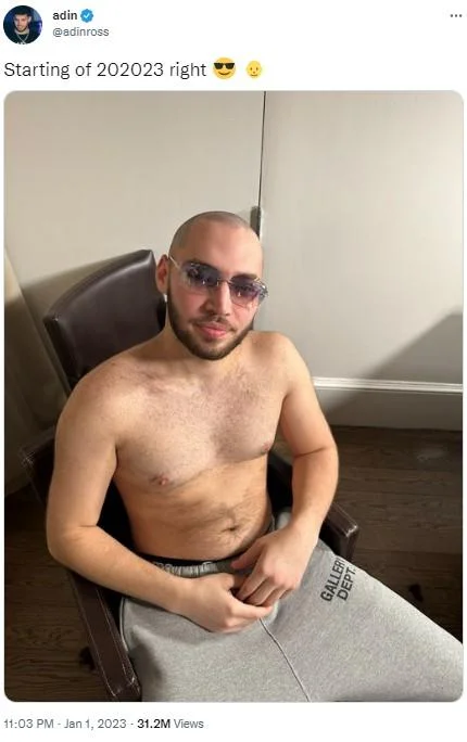 Adin Ross's viral Twitter post from January 1, 2023 using the '202023' mispronunciation with caption.