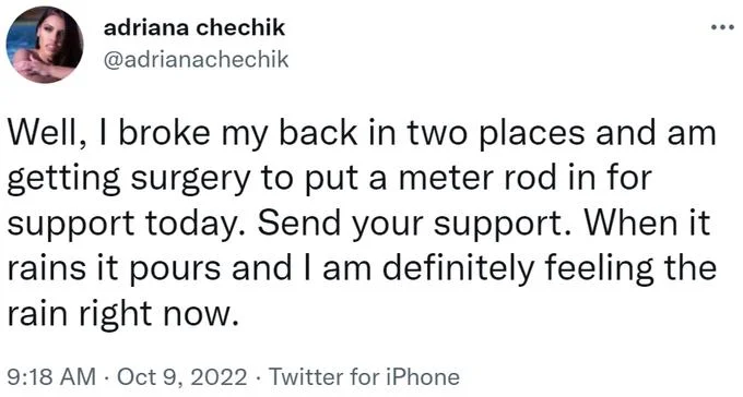 2022 Twitchcon Foam Pit — Adriana Chechik's Twitter post announcing she broke her back in two places at TwitchCon 2022.