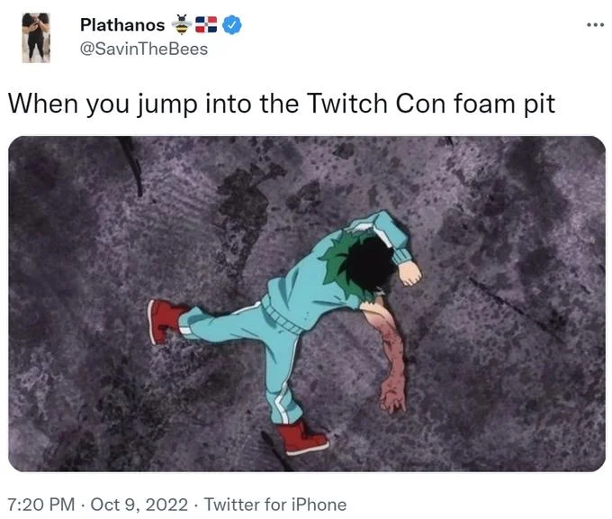 2022 Twitchcon Foam Pit — Meme tweet featuring animated character in dramatic falling pose captioned about jumping in foam pit.