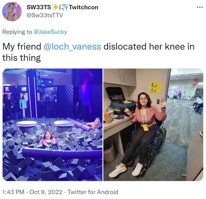 2022 Twitchcon Foam Pit — Twitter post showing split image of foam pit and injured person in wheelchair with dislocated knee.