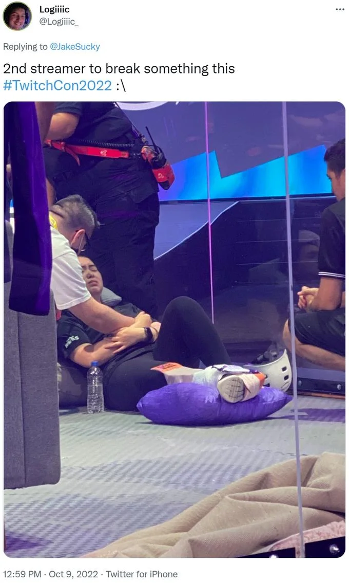 2022 Twitchcon Foam Pit — Twitter post from Logiiic documenting second streamer injury at TwitchCon 2022 with image of injured person.