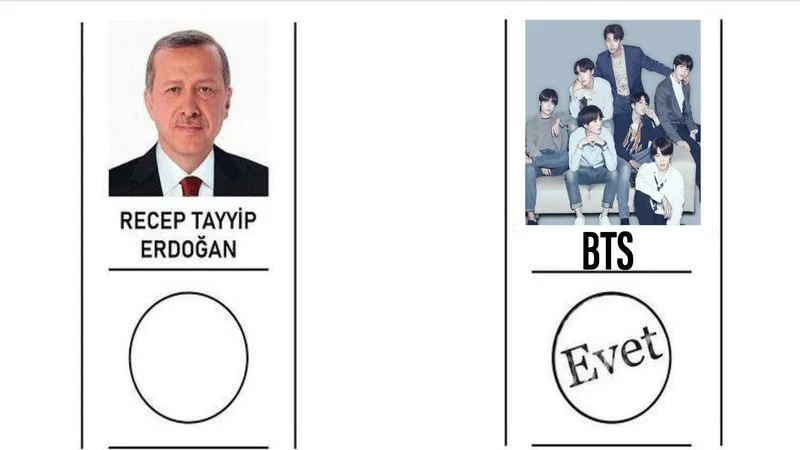 2023 Turkish Presidential Election Ballot — Ballot meme featuring Erdoğan on left and K-pop group BTS on right with Evet voting circle marked for the band.