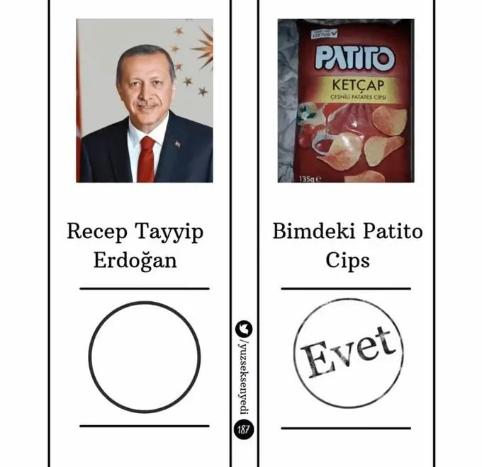2023 Turkish Presidential Election Ballot — Ballot meme comparing Erdoğan to 'Bimdeki Patito Cips' corn chips with Evet marked for the snack.
