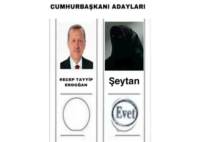 2023 Turkish Presidential Election Ballot — Ballot meme titled 'CUMHURBASKANI ADAYLARI' with Erdoğan on left and 'Şeytan' Satan on right with Evet marked.