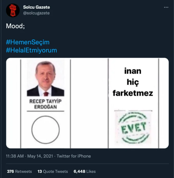 2023 Turkish Presidential Election Ballot — Twitter screenshot of ballot meme with Turkish hashtags and 'inan hiç farketmez' text expressing voter indifference.