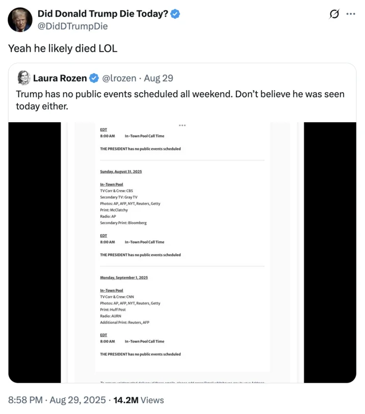 2025 Labor Day Weekend Donald Trump Death Rumor — Tweet from 'Did Donald Trump Die Today?' parody account making light of rumors.