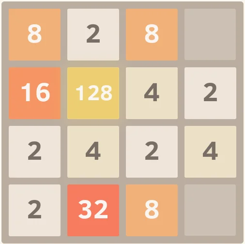 2048 game board mid-play with tiles showing 128, 32, 16 and smaller values