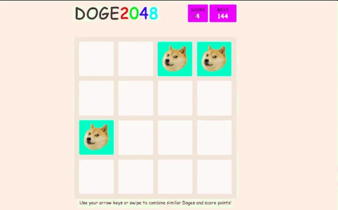 Doge2048 game board showing Shiba Inu Doge tiles instead of numbers
