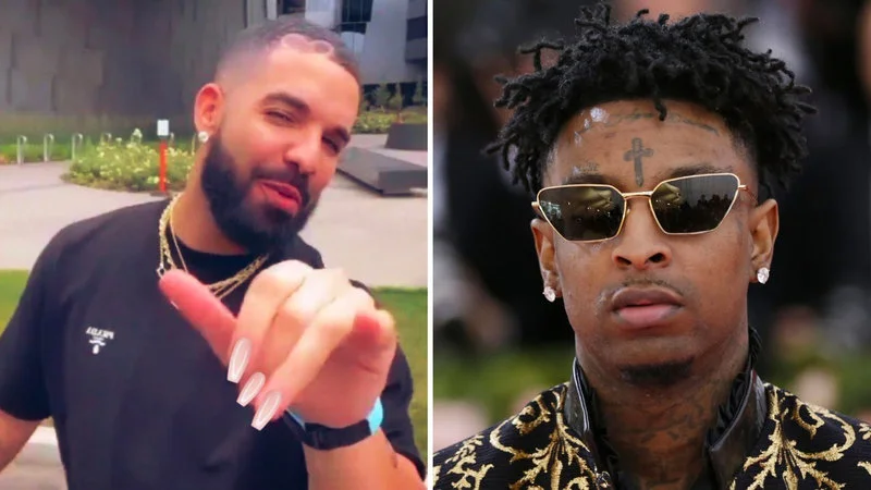 21 Can You Do Something For Me Do Your Thing 21 — Two-panel template showing Drake on left in casual attire and 21 Savage on right with sunglasses and gold