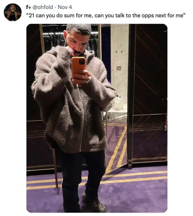 21 Can You Do Something For Me Do Your Thing 21 — Meme post with quote about talking to opps paired with person in fuzzy coat taking mirror selfie.