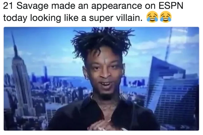 21 Savage supervillain image with caption about ESP appearance and laughing emoji reactions.
