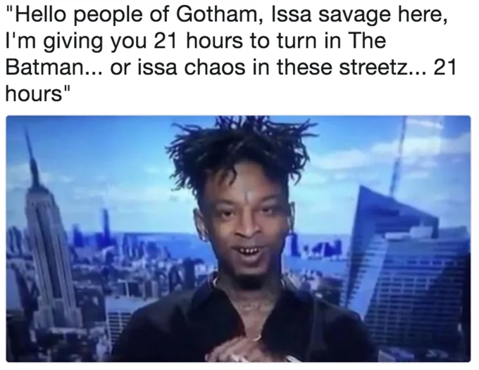21 Savage Supervillain — 21 Savage as Gotham supervillain issuing 21-hour ultimatum to surrender Batman or face chaos.