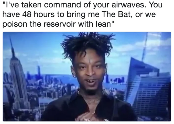 21 Savage Supervillain — 21 Savage as menacing supervillain threatening to poison city water supply within 48 hours.