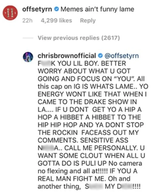 21 Savage — Instagram comment screenshot of Chris Brown replying to Offset