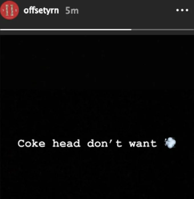 21 Savage — Instagram Story screenshot with text 'Coke head don't want'