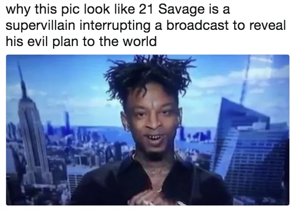 Meme of 21 Savage in front of NYC skyline joking he looks like a supervillain
