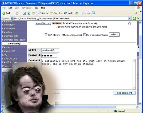 2/10 Would Not Bang — Fark studman69 comment overlaid with photo of a deformed-looking man
