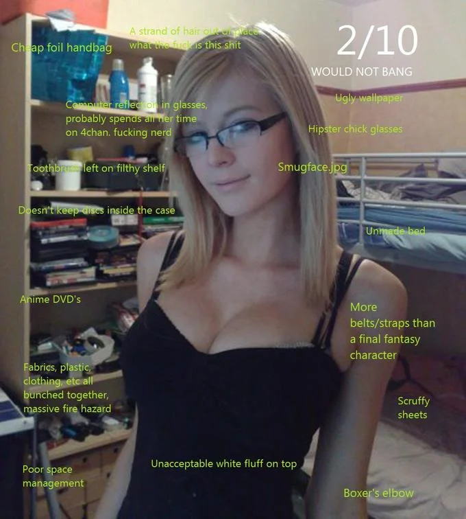 Girl kneeling by old TV rated 2/10 Would Not Bang with red nitpick annotations