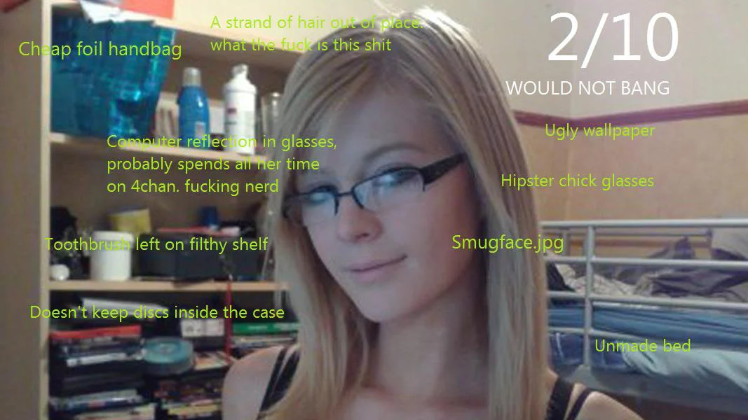 Blonde woman with glasses labeled 2/10 Would Not Bang with nitpick critiques