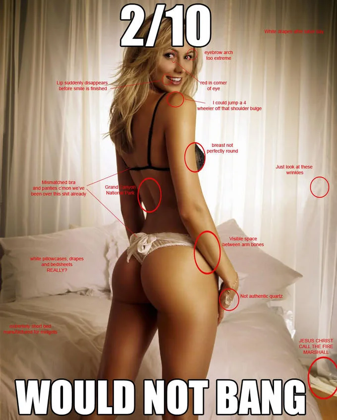 Lingerie model rated 2/10 Would Not Bang with red-circle nitpick annotations