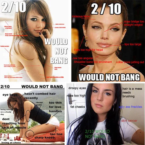 Four-panel collage of 2/10 Would Not Bang macros of attractive women
