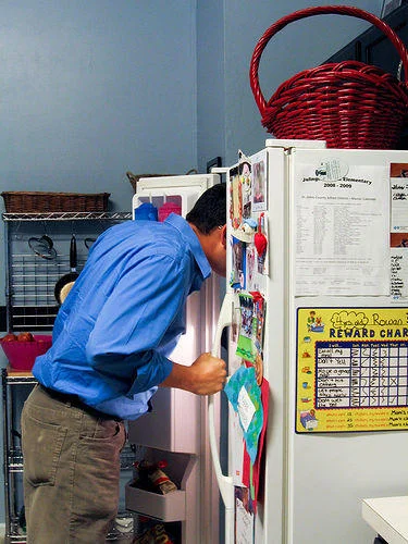 241543903 Heads In Freezers — Photograph depicting individual bending with head positioned inside refrigerator freezer.