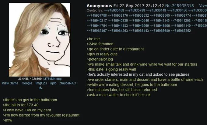 24Yo Femanon — 4chan greentext screenshot of femanon dine-and-dash Tinder date