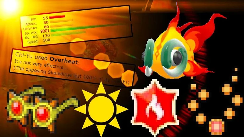 252 Spa Choice Specs Beads Of Ruin Tera Fire Chi Yu — Pokémon battle showing Chi-Yu using Overheat against Skeledirge in sunlight for 100% damage knockout.