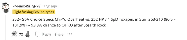 252 Spa Choice Specs Beads Of Ruin Tera Fire Chi Yu — Reddit screenshot showing the copypasta damage calculation for 252+ SpA Choice Specs Chi-Yu Overheat.