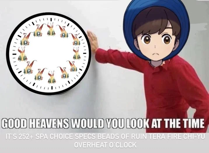 252 Spa Choice Specs Beads Of Ruin Tera Fire Chi Yu — Person pointing at clock surrounded by Chi-Yu faces with 'GOOD HEAVENS WOULD YOU LOOK AT THE TIME' format.