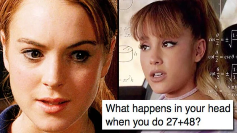 2748 — Meme template with contrasting images captioned 'What happens in your head when you do 27+48?'