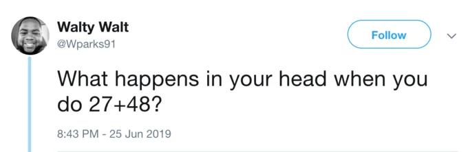 2748 — Screenshot of the original Twitter post asking 'What happens in your head when you do 27+48?'