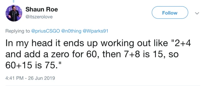 2748 — Twitter reply detailing mental calculation treating tens digits specially with shortcuts.