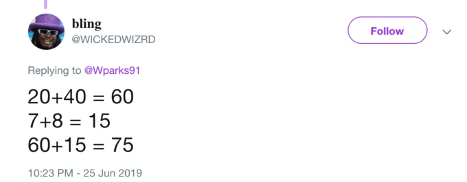 2748 — Twitter reply demonstrating breaking 27+48 into tens and ones mental math approach.